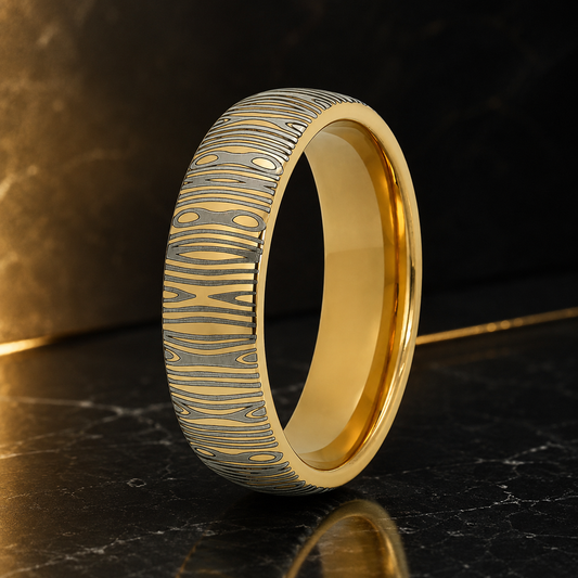 6mm Domed Tungsten Ring with Damascus Laser Engraving