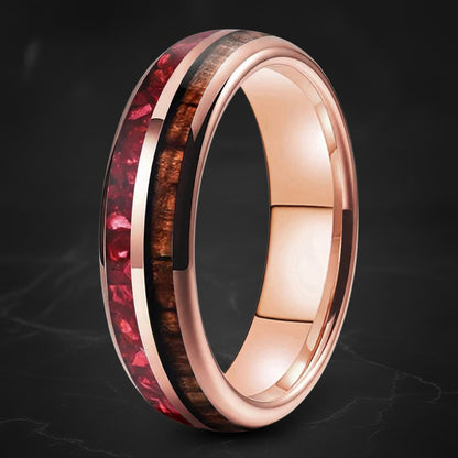 6mm Hawaiian Koa Wood Red Crystal Tungsten Ring