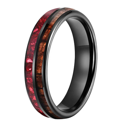6mm Hawaiian Koa Wood Red Crystal Tungsten Ring