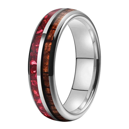6mm Hawaiian Koa Wood Red Crystal Tungsten Ring