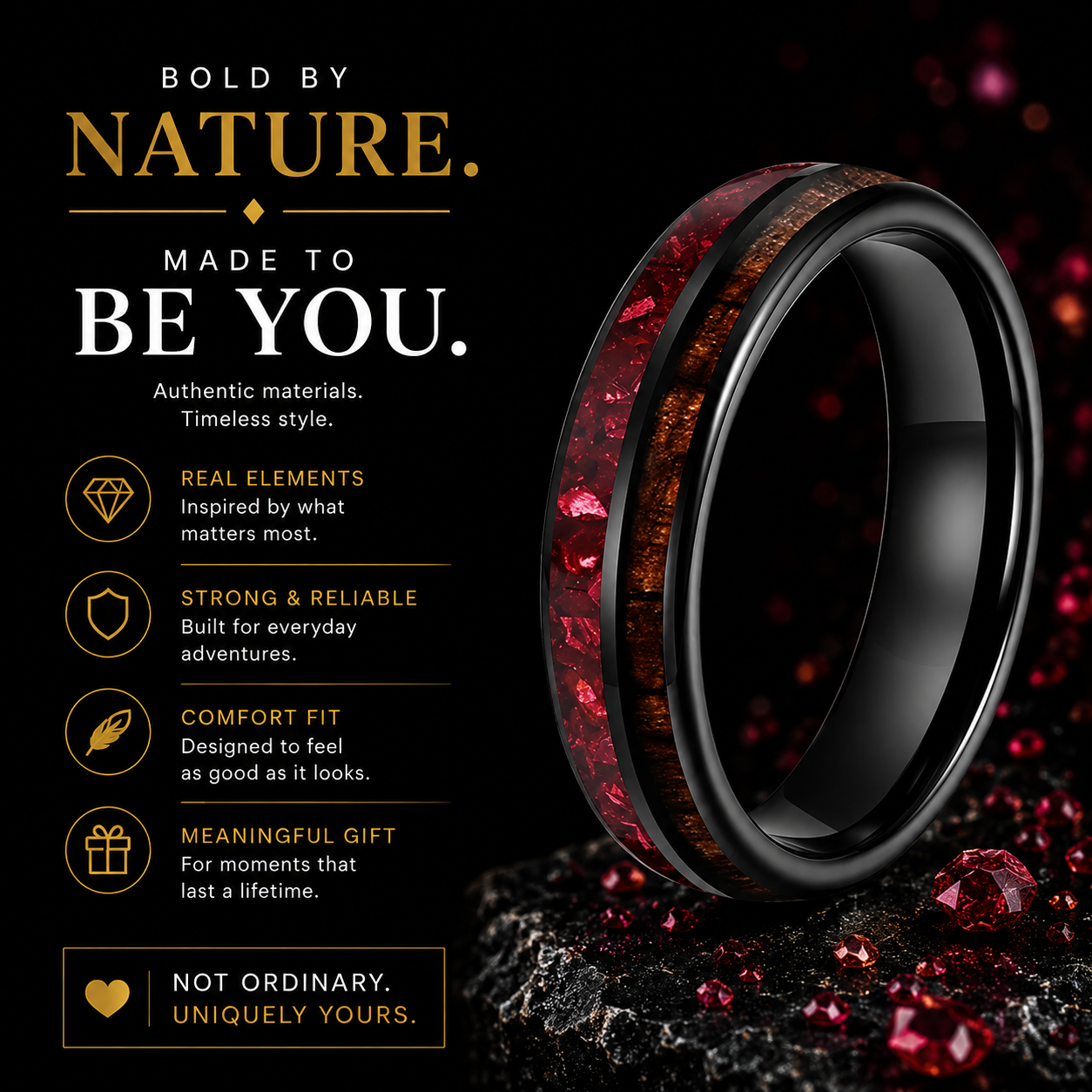 6mm Hawaiian Koa Wood Red Crystal Tungsten Ring