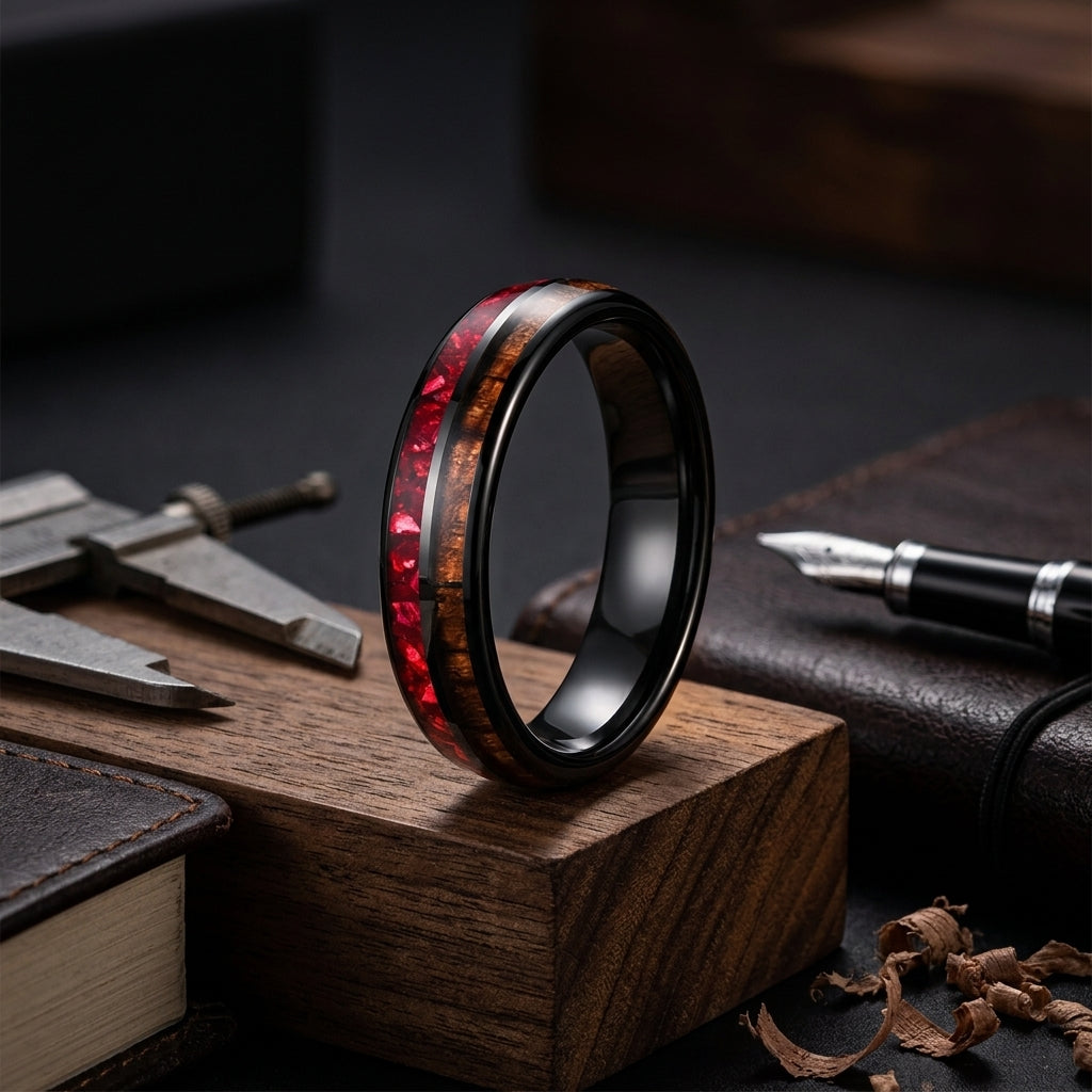 6mm Hawaiian Koa Wood Red Crystal Tungsten Ring
