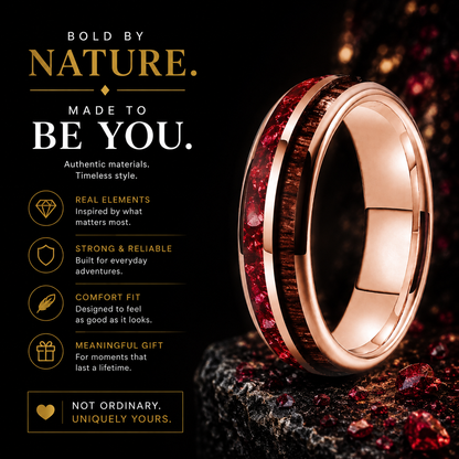 6mm Hawaiian Koa Wood Red Crystal Tungsten Ring