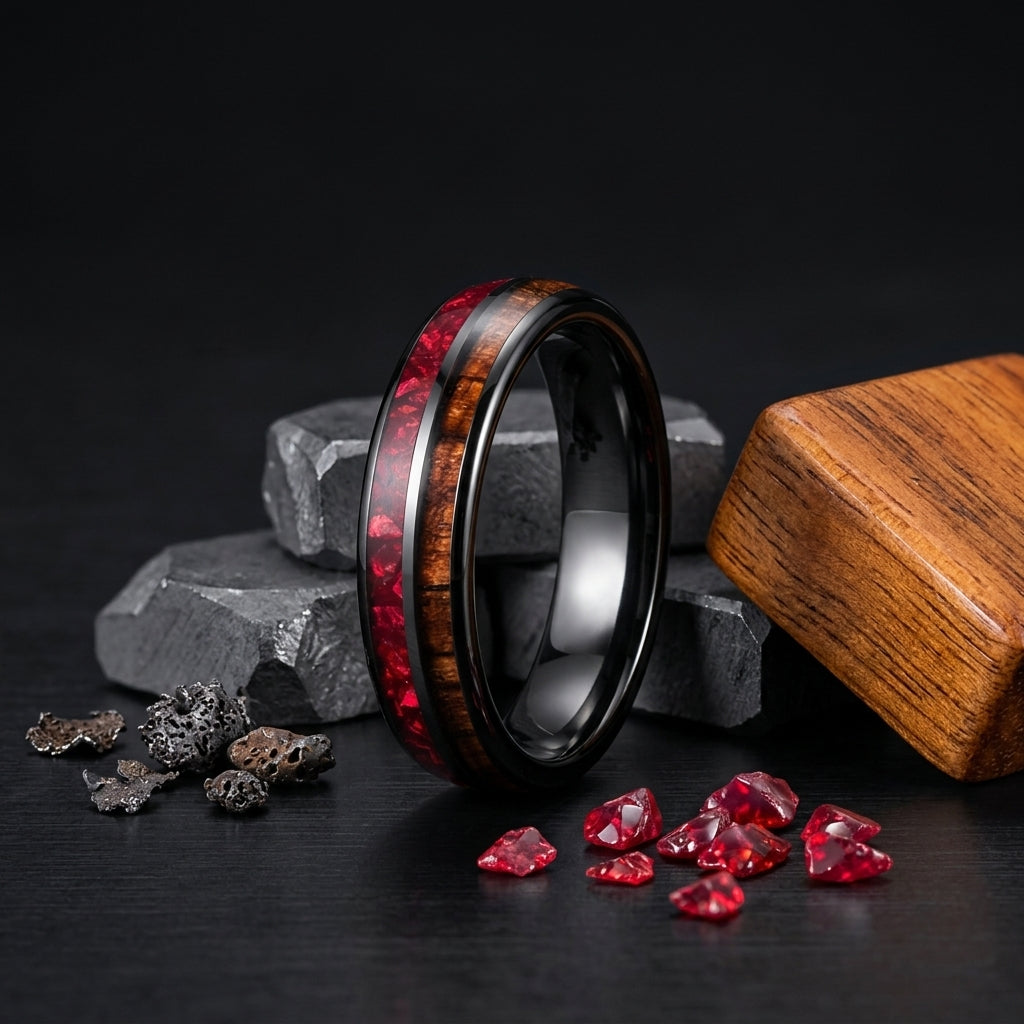 6mm Hawaiian Koa Wood Red Crystal Tungsten Ring