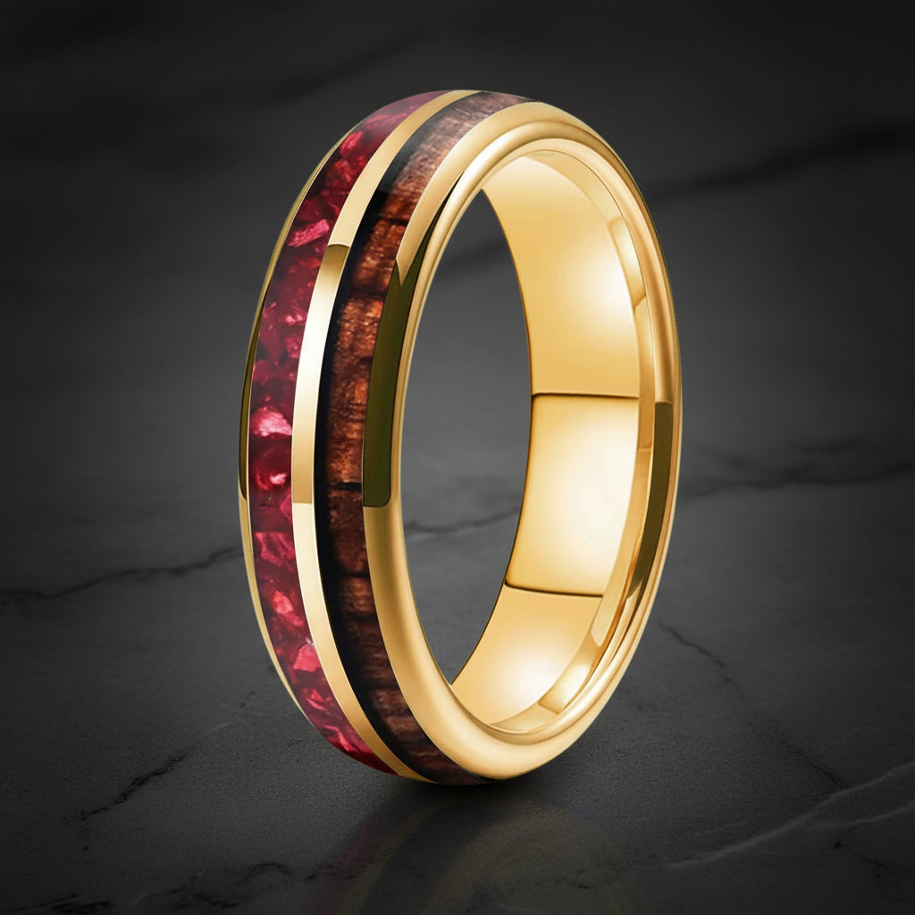 6mm Hawaiian Koa Wood Red Crystal Tungsten Ring