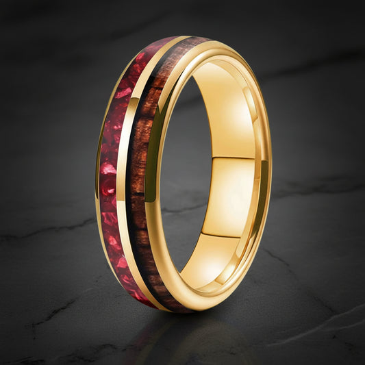 6mm Hawaiian Koa Wood Red Crystal Tungsten Ring