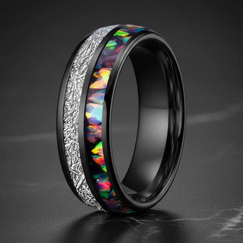 6mm Opal & White Meteorite Tungsten Ring