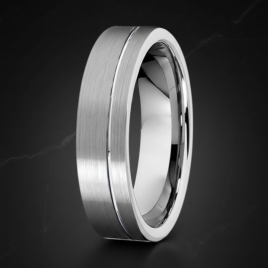 6mm Silver Tungsten Ring with Offset Line