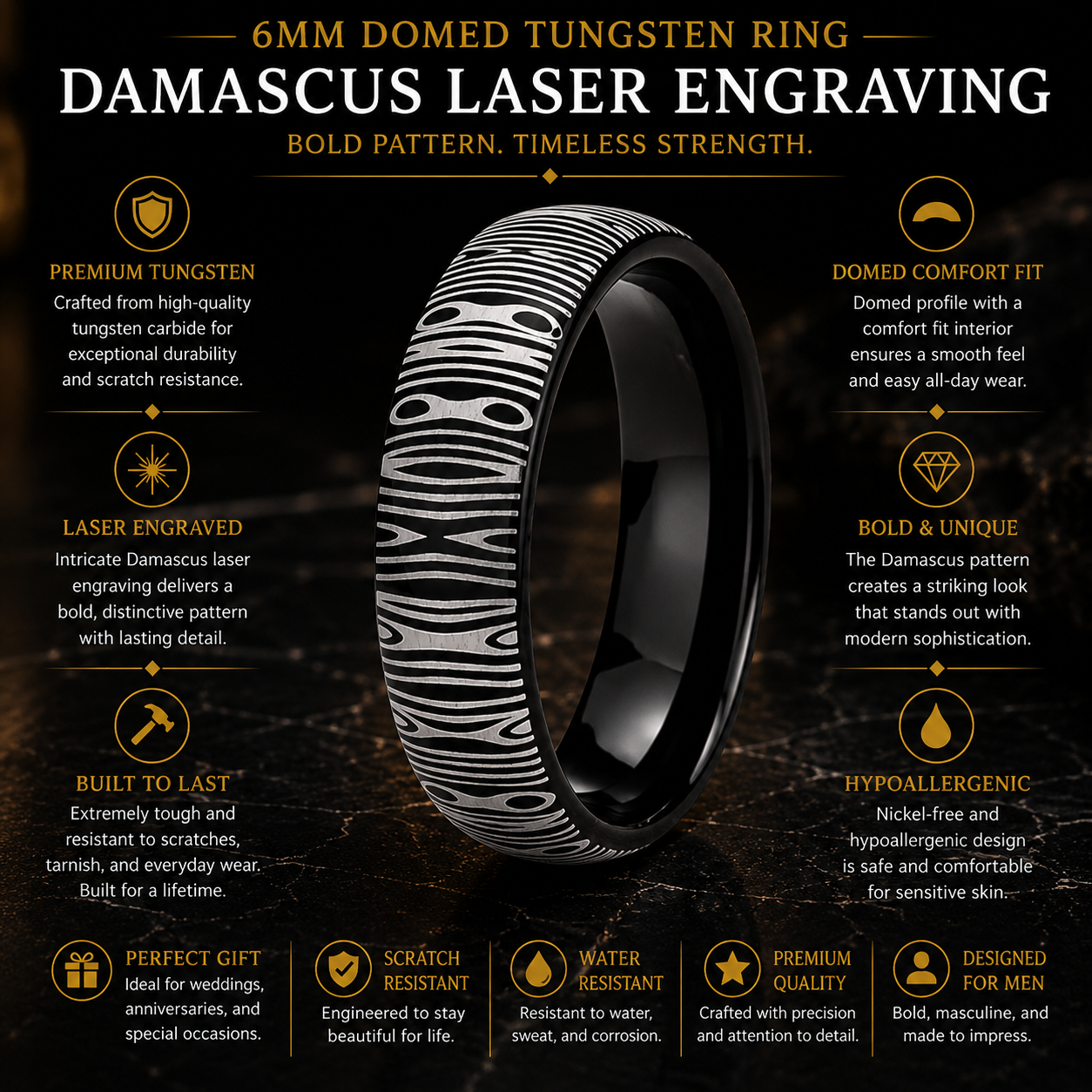 6mm Tungsten Ring with Damascus Laser Engraving