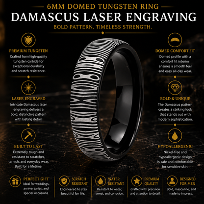 6mm Tungsten Ring with Damascus Laser Engraving