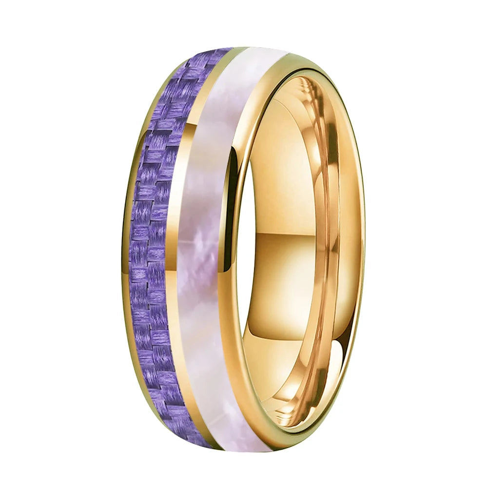 6mm Tungsten ring with Purple Carbon Fiber & Pink Abalone Inlay