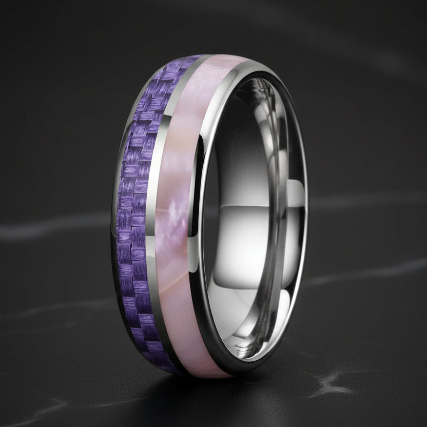 6mm Tungsten ring with Purple Carbon Fiber &amp; Pink Abalone Inlay