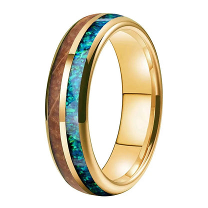 6mm Whiskey Barrel Wood Blue Green Opal Tungsten Ring