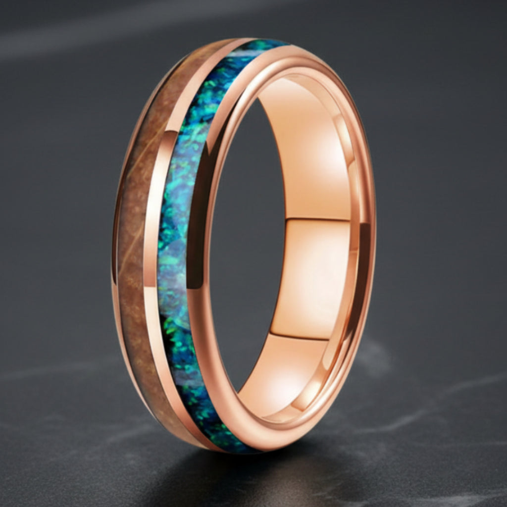 6mm Whiskey Barrel Wood Blue Green Opal Tungsten Ring