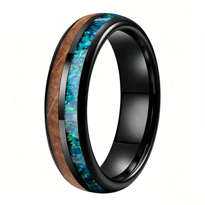 6mm Whiskey Barrel Wood Blue Green Opal Tungsten Ring