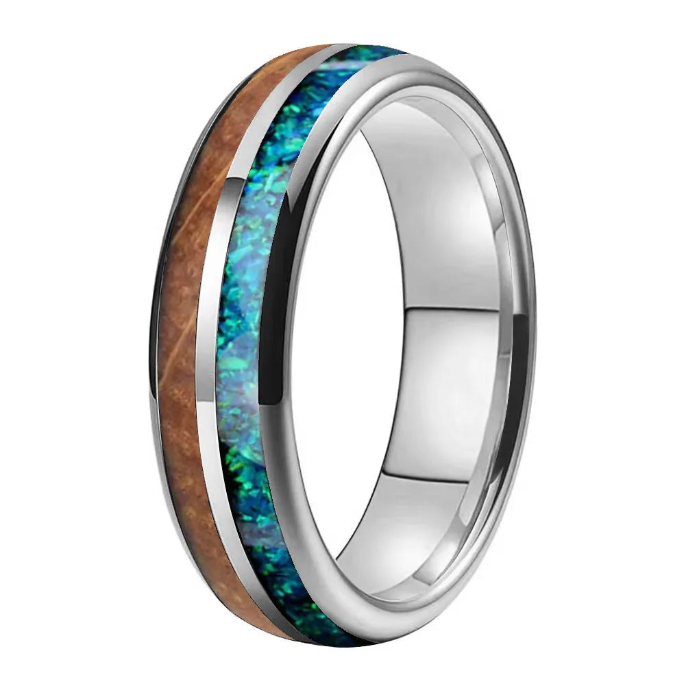 6mm Whiskey Barrel Wood Blue Green Opal Tungsten Ring