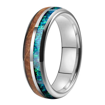 6mm Whiskey Barrel Wood Blue Green Opal Tungsten Ring