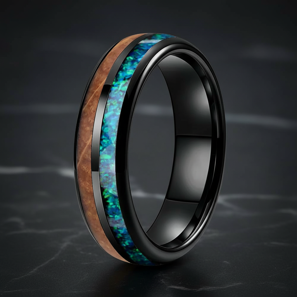 6mm Whiskey Barrel Wood Blue Green Opal Tungsten Ring