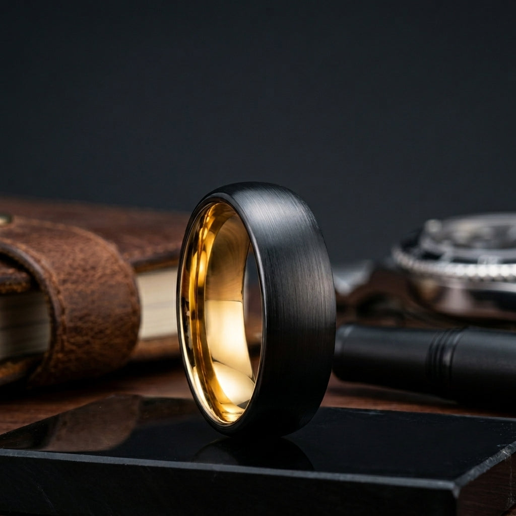 7MM Black & Gold Tungsten Wedding Band