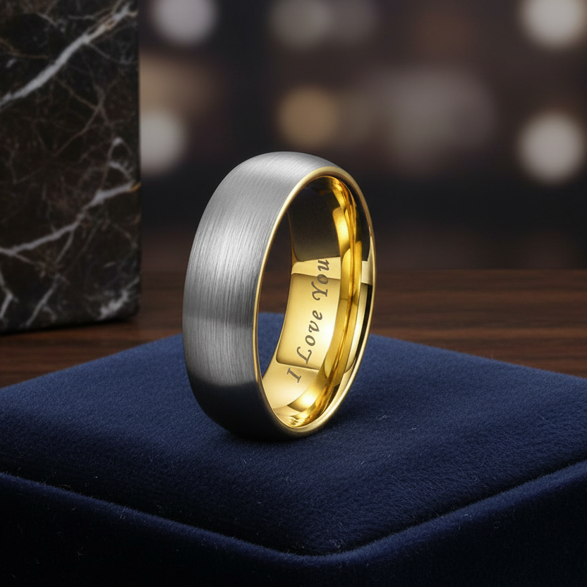 7mm Gold and Silver Tungsten Ring I Love You Engraved