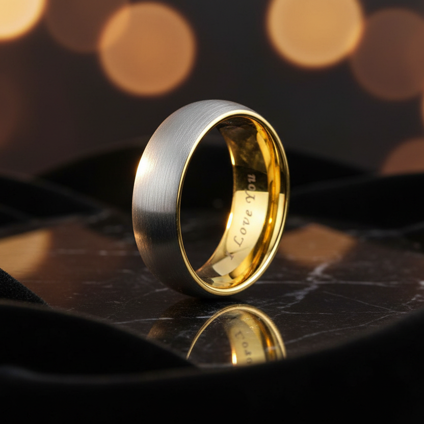 7mm Gold and Silver Tungsten Ring I Love You Engraved