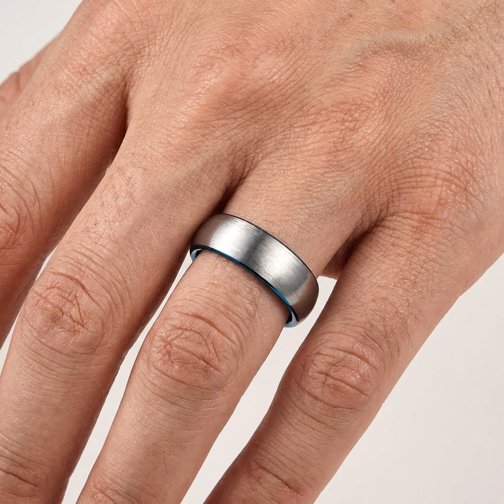 7mm Tungsten Wedding Band Brushed Blue Silver
