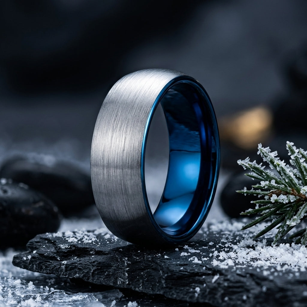 7mm Tungsten Wedding Band Brushed Blue Silver