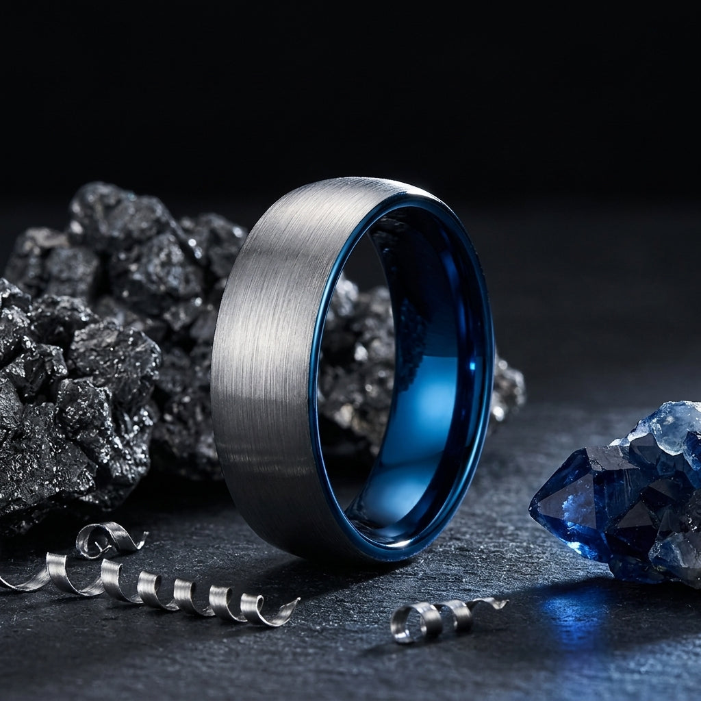 7mm Tungsten Wedding Band Brushed Blue Silver