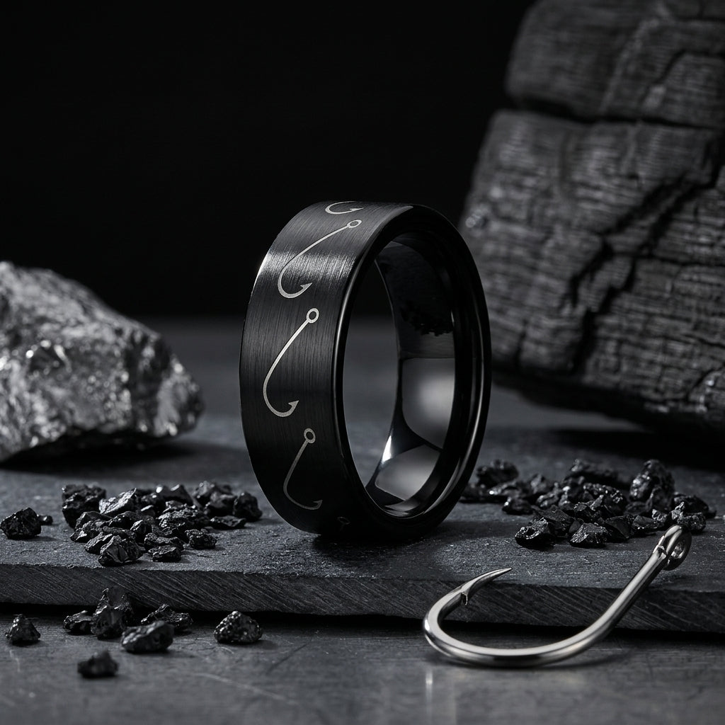 Black Tungsten Fishing Hook Ring