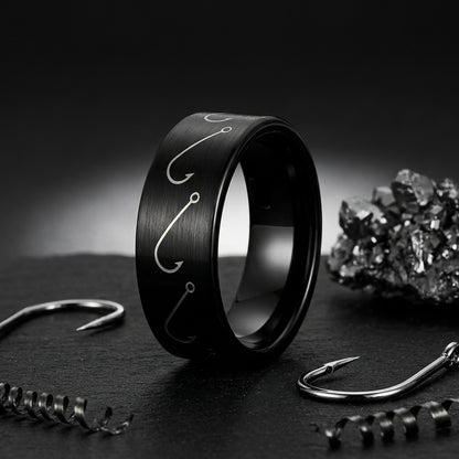 Black Tungsten Fishing Hook Ring