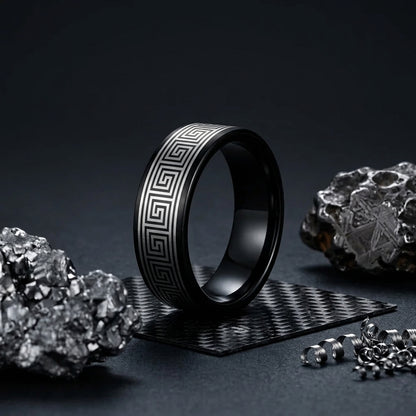 The Infinite Path™ – Black Tungsten Greek Pattern Ring