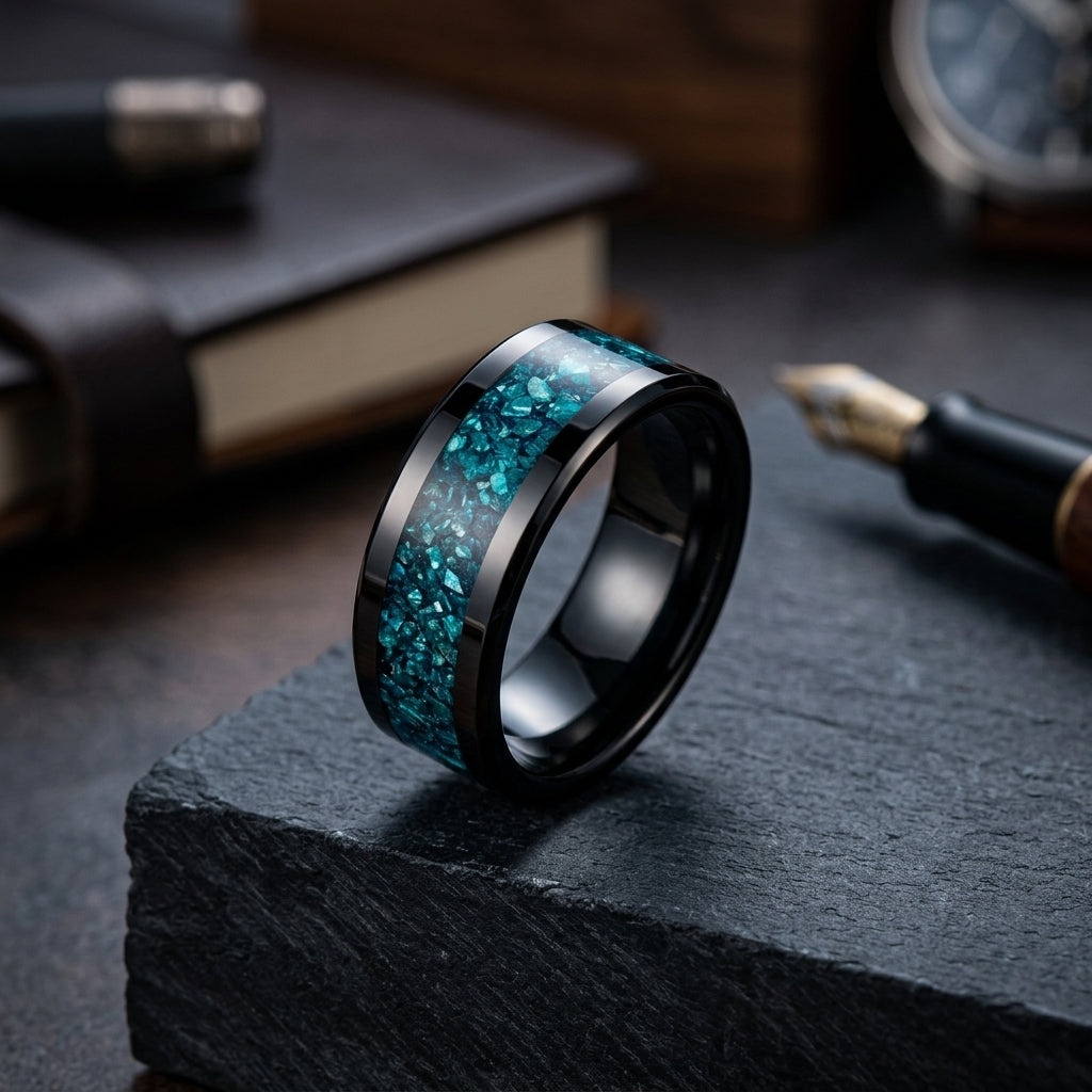 8MM Blue Glass Tungsten Wedding ring