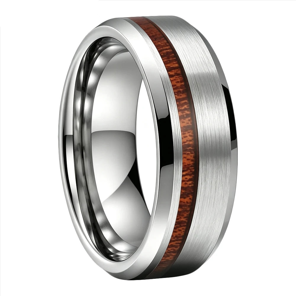 Brushed Tungsten Ring with Koa Wood Inlay
