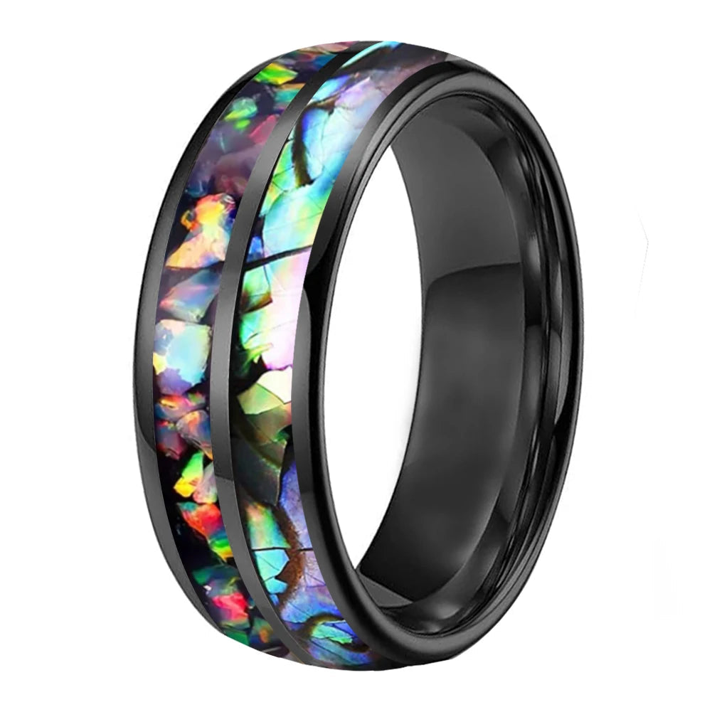 Fire Opal & Abalone Tungsten Ring