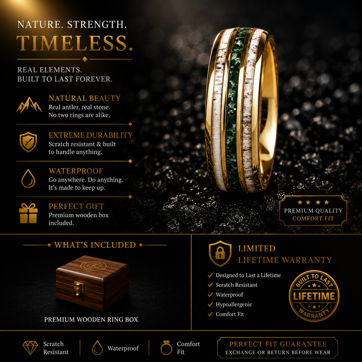 Gold Tungsten Ring with Antler & Moss Agate