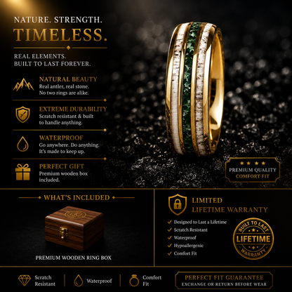 Gold Tungsten Ring with Antler & Moss Agate