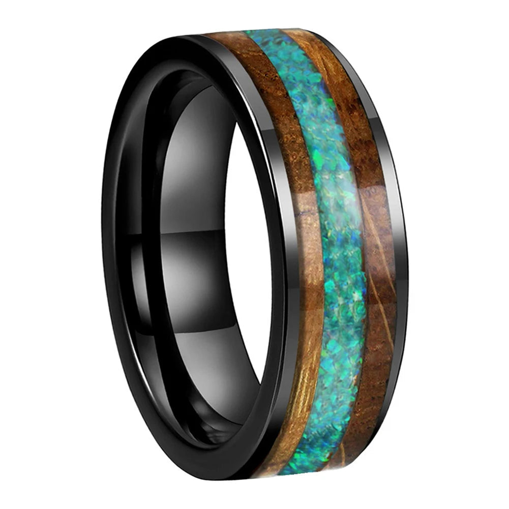 Green Opal Tungsten Ring with Whiskey Wood Inlay
