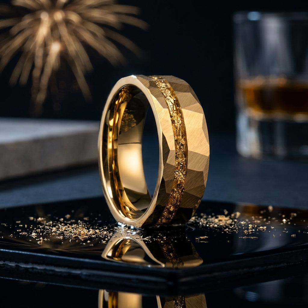 8MM Hammered Gold Tungsten Wedding Band