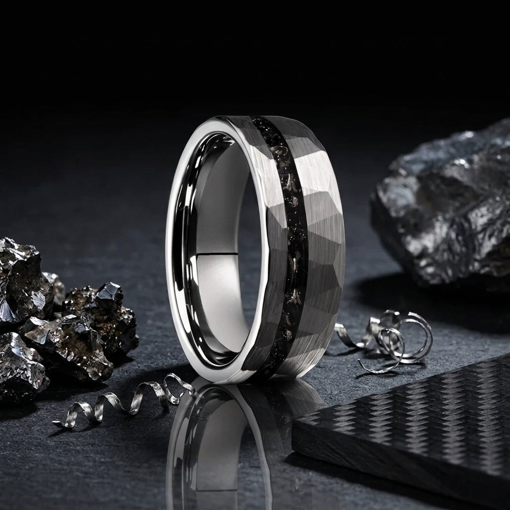 8MM Hammered Meteorite Tungsten Wedding Band