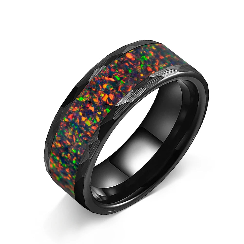 8MM Hammered Tungsten Ring with Fire Opal Inlay