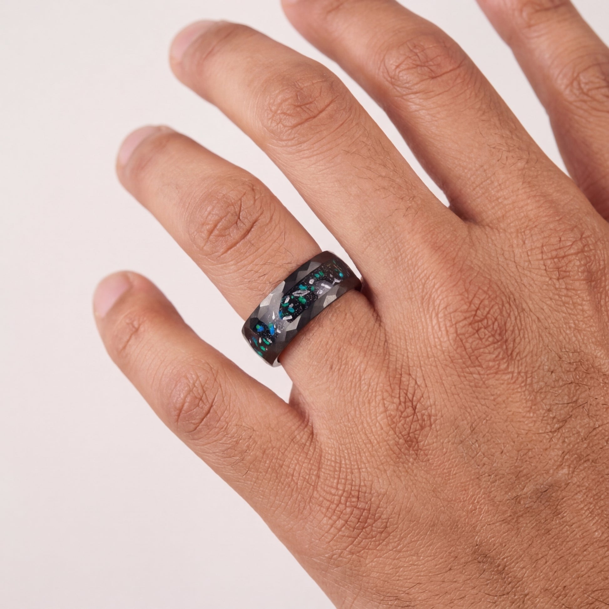8MM Hammered Black Tungsten Ring with Green Opal Inlay