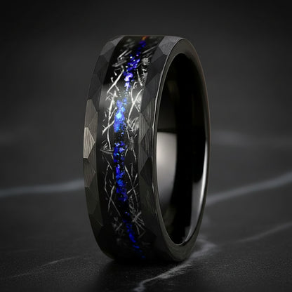 8MM Hammered Tungsten Ring with Meteorite & Blue Opal Inlay