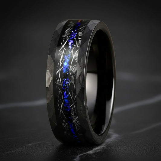 8MM Hammered Tungsten Ring with Meteorite & Blue Opal Inlay