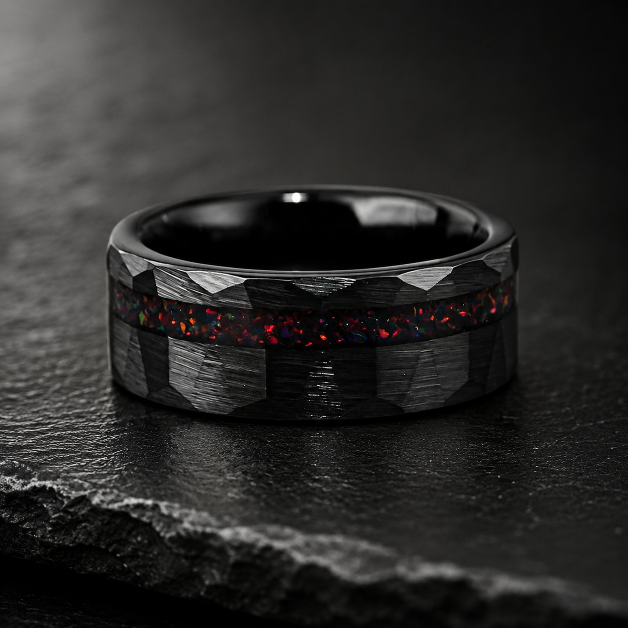 Hammered Tungsten Ring with Red Opal
