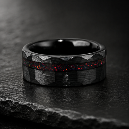 Hammered Tungsten Ring with Red Opal