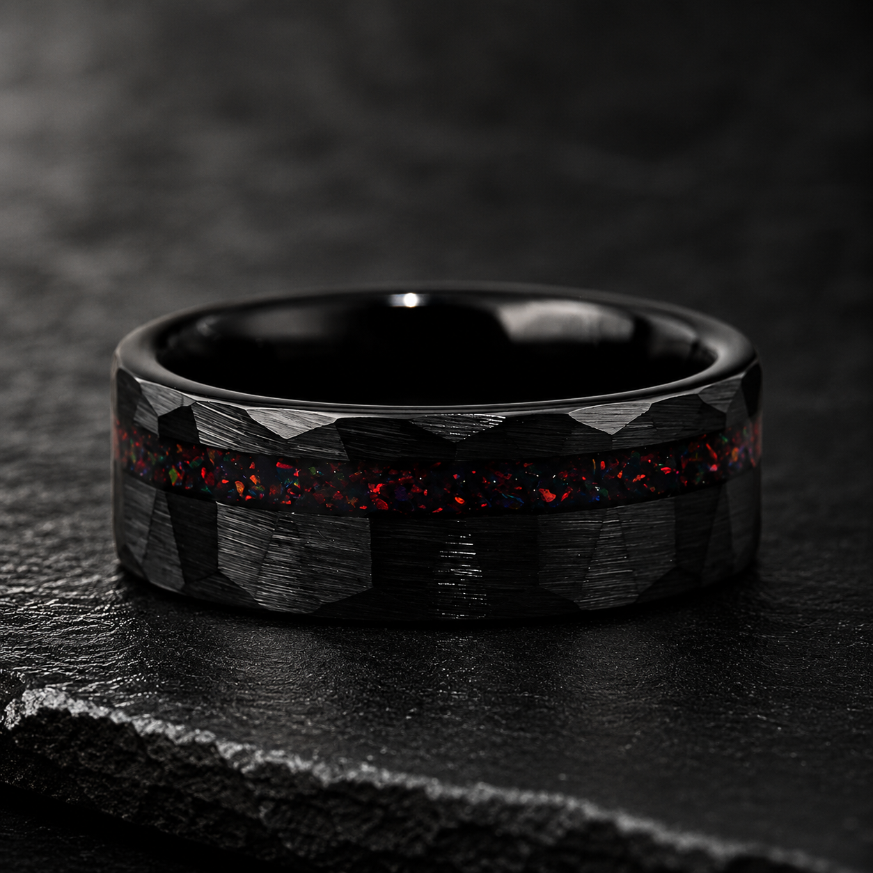 Hammered Tungsten Ring with Red Opal