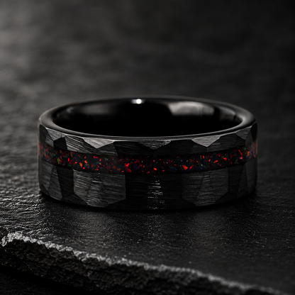 Hammered Tungsten Ring with Red Opal
