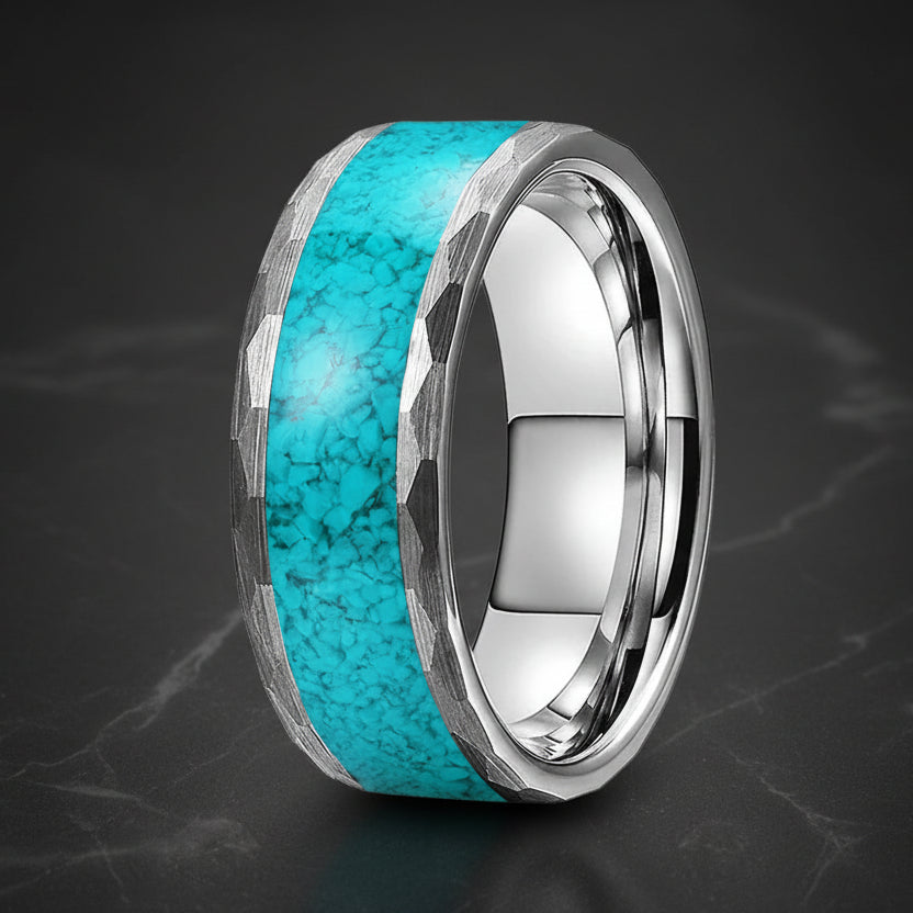 Hammered Turquoise Tungsten Ring – 8mm Wedding Band