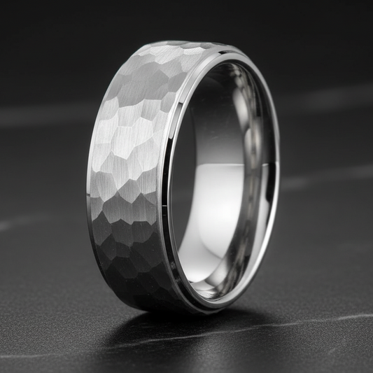 8MM Hammered with Brushed Center White Tungsten Ring