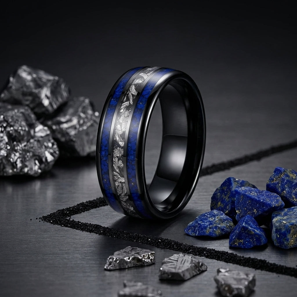 Lapis Lazuli & Meteorite Tungsten Wedding Band